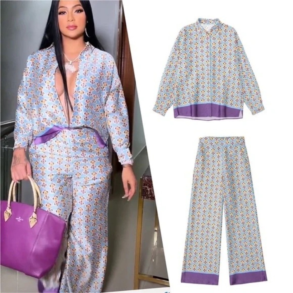 Zara Floral Print Pants & Shirt Set with Purple Accents